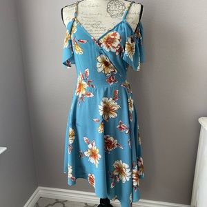 Women’s blue floral, cold shoulder dress, …